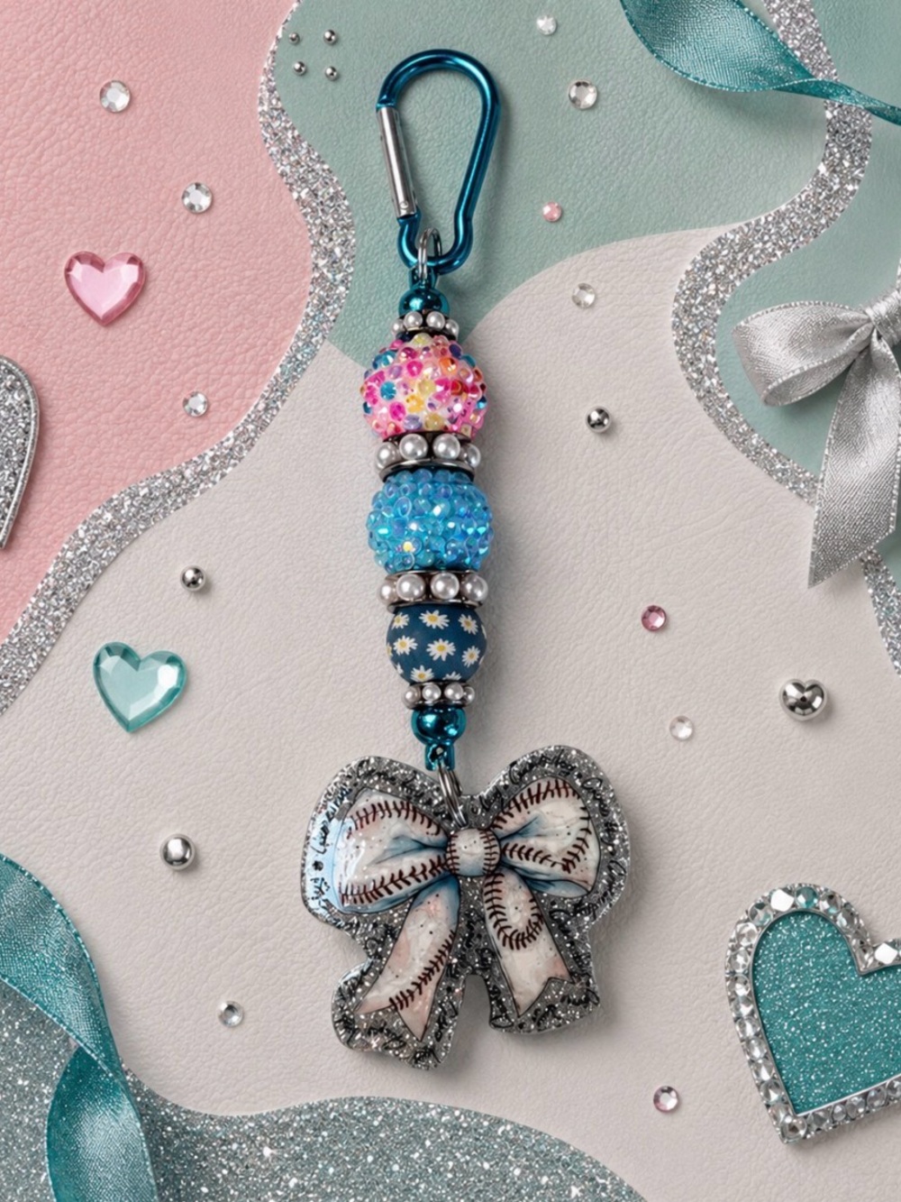 Handmade Bow Charm Keychain - Teal,Pink,Silver Multicolor